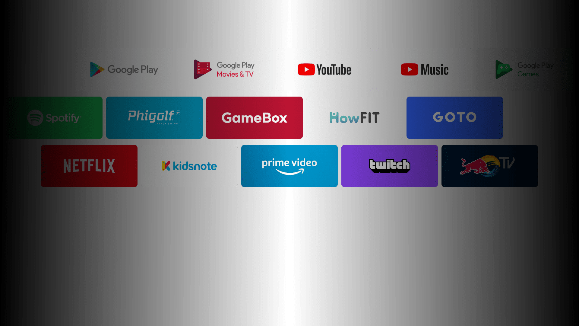 Google play 로고, Google Play Movies & TV 로고, YouTube 로고, YouTube Music 로고, Google Play Games 로고, Spotify 로고, Phigolf 로고, GameBox 로고, HowFIT 로고, GOTO 로고, NETFLIX 로고, kidsnote 로고, prime video 로고, twitch 로고, Red Bull TV 로고