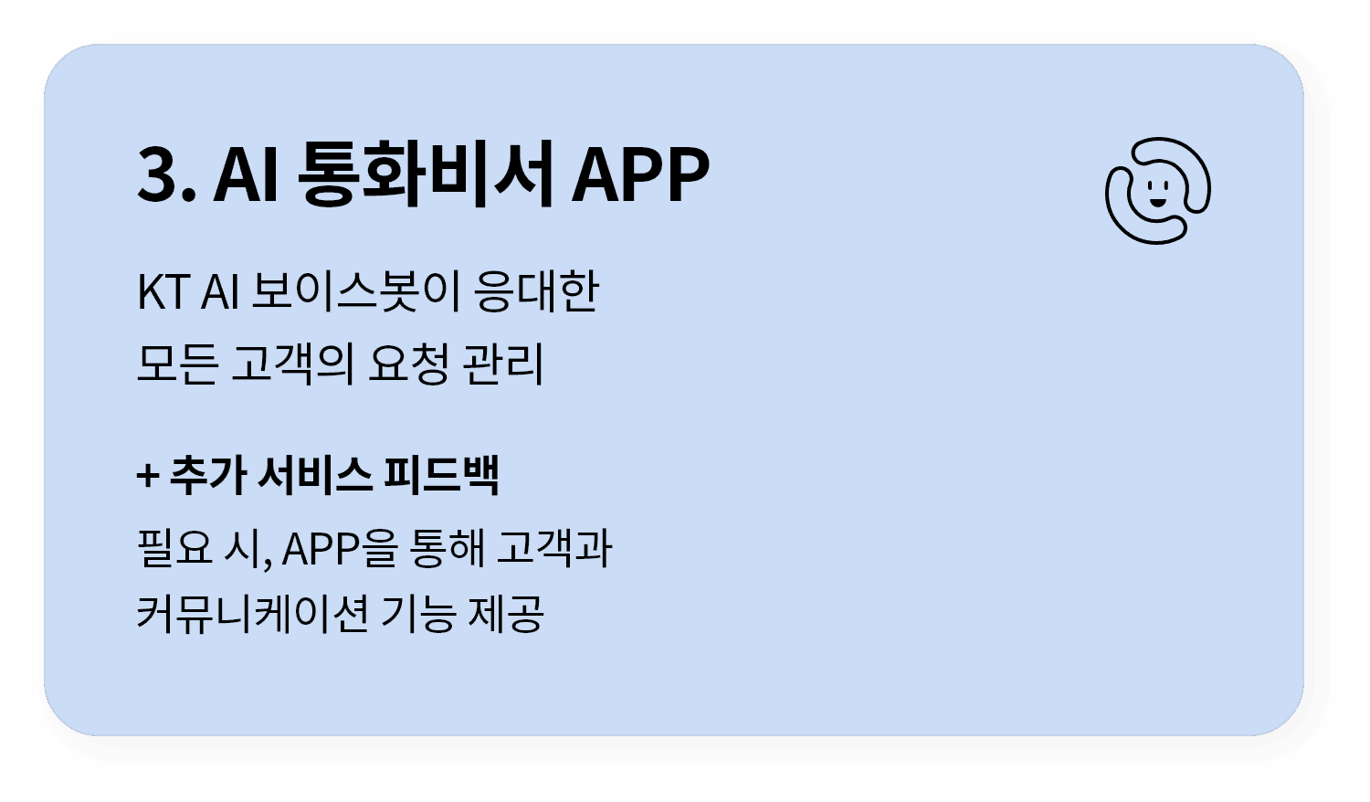 3. AI 통화비서 APP : KT AI 보이스봇이 응대한 모든 고객의 요청 관리, 추가 서비스 피드백 : 필요 시, APP을 통해 고객과 커뮤니케이션 기능 제공