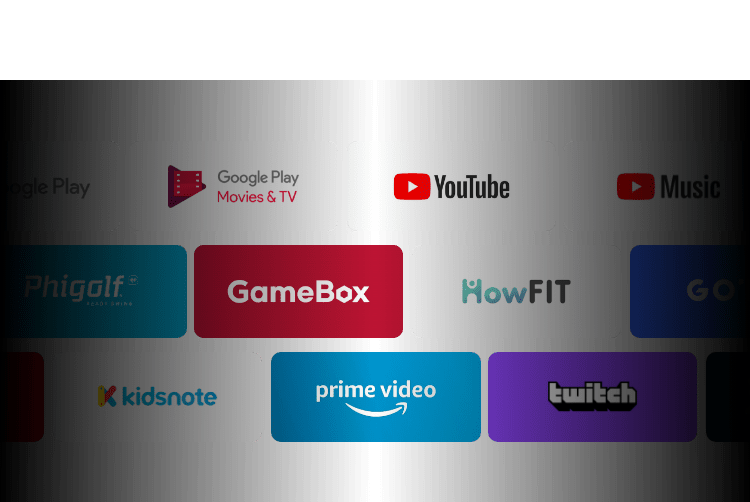 Google Play Movies & TV 로고, YouTube 로고, YouTube Music 로고, Phigolf 로고, GameBox 로고, HowFIT 로고, kidsnote 로고, prime video 로고, twitch 로고