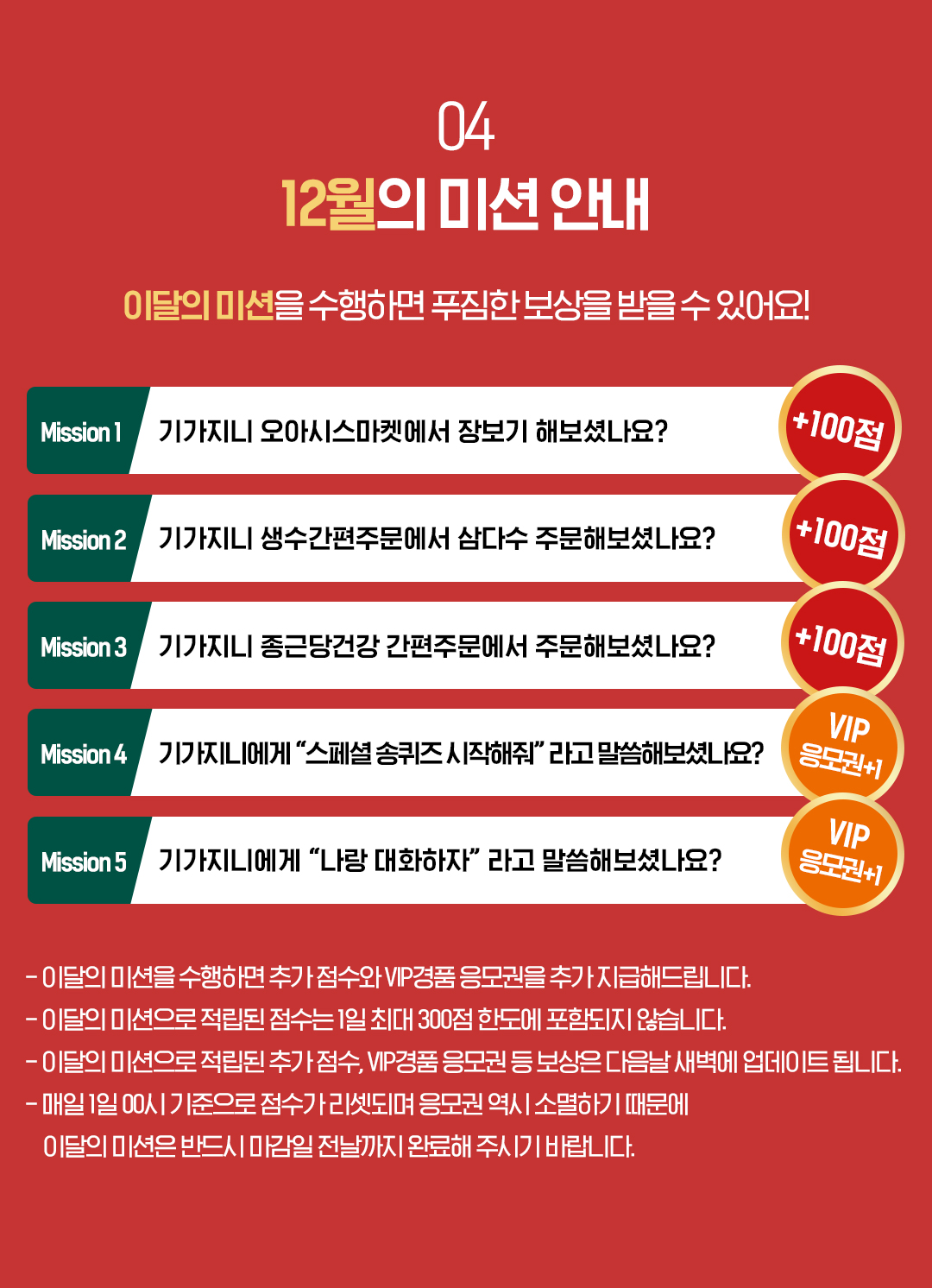 04. 12월의 미션 안내 이달의 미션을 수행하면 푸짐한 보상을 받을 수 있어요! Misson 1. 기가지니에게 “기가지니 오아시스마켓에서 장보기 해보셨나요? +100점 Misson 2. 기가지니에게 “기가지니 생수간편주문에서 삼다수 주문해보셨나요? +100점 Misson 3. 기가지니에게 “기가지니 종근당건강 간편주문에서 주문해보셨나요? +100점 Misson 4. 기가지니에게 “스페셜 송퀴즈 시작해줘” 라고 말씀해보셨나요? VIP 응모권+1 Misson 5. 기가지니에게 “나랑 대화하자” 라고 말씀해보셨나요? VIP 응모권+1 - 이달의 미션을 수행하면 추가 점수와 VIP경품 응모권을 추가 지급해드립니다. - 이달의 미션으로 적립된 점수는 1일 최대 300점 한도에 포함되지 않습니다. - 이달의 미션으로 적립된 추가 점수, VIP경품 응모권 등 보상은 다음날 새벽에 업데이트 됩니다. - 매일 1일 00시 기준으로 점수가 리셋되며 응모권 역시 소멸하기 때문에 이달의 미션은 반드시 마감일 전날까지 완료해 주시기 바랍니다.