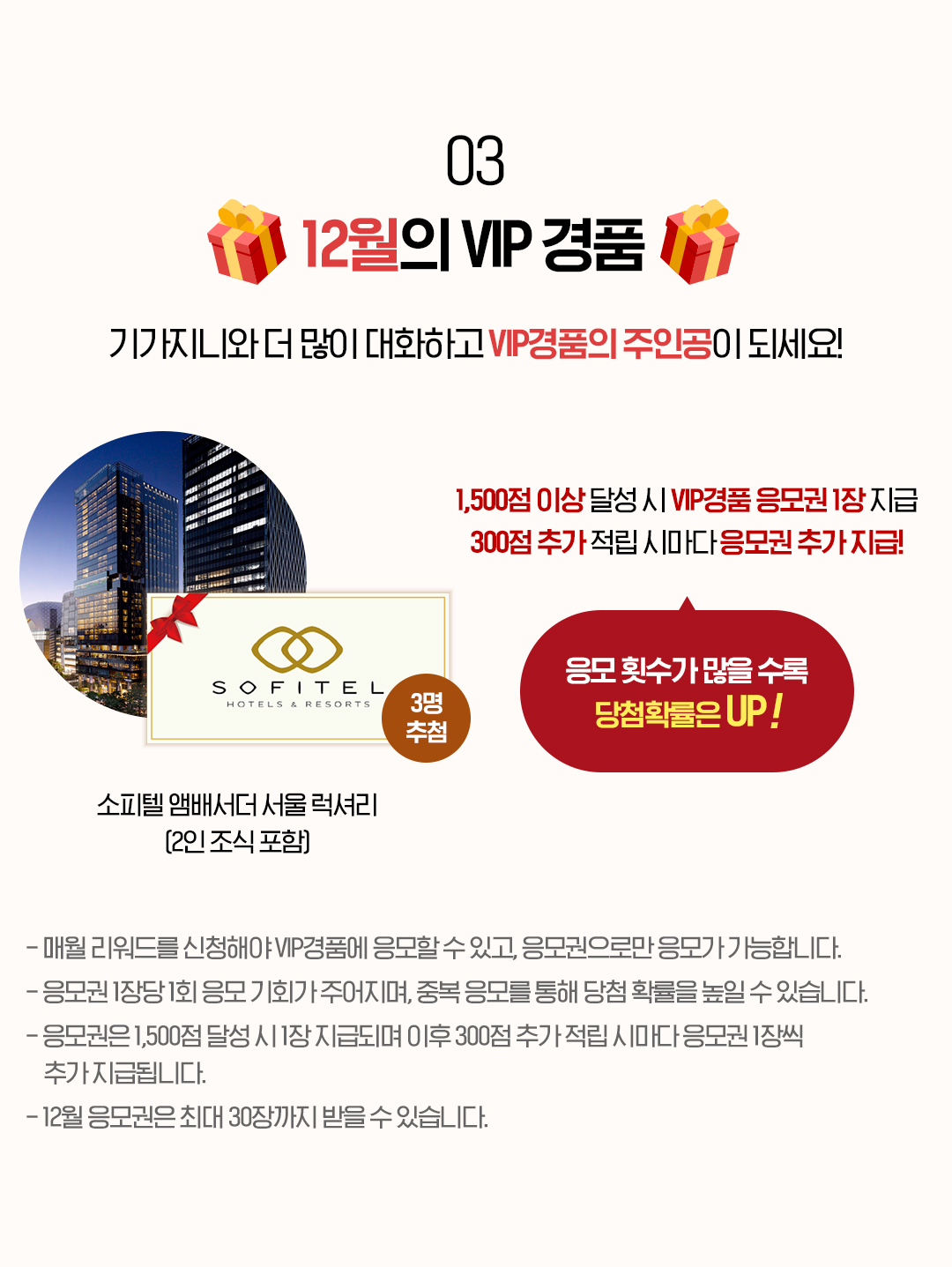 03. 12월의 VIP 경품 기가지니와 더 많이 대화하고 VIP경품의 주인공이 되세요! 응모 횟수가 많을 수록 당첨확률은 UP! 1,500점 이상 달성 시 VIP경품 응모권 1장 지급. 300점 추가  적립 시마다 응모권 추가 지급! 소피텔 앰배서더 서울 럭셔리 (2인 조식 포함) - 매월 리워드를 신청해야 VIP경품에 응모할 수 있고, 응모권으로만 응모가 가능합니다. - 응모권 1장당 1회 응모 기회가 주어지며, 중복 응모를 통해 당첨 확률을 높일 수 있습니다. - 응모권은 1,500점 달성 시 1장 지급되며 이후 300점 추가 적립 시마다 응모권 1장씩 추가 지급됩니다. - 12월 응모권은 최대 30장까지 받을 수 있습니다.